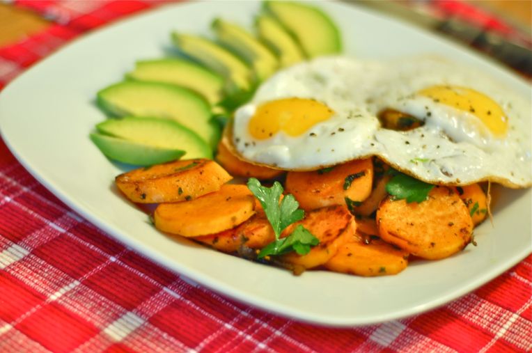 sweet potato, home fries, eggs, sunny side up eggs, avocado, vegetables, healthy, protein